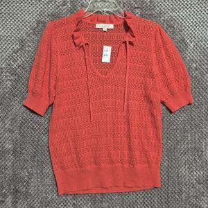 Loft Eyelit Ruffle Collar Blouse Women Large Coral S/S Sweater Open Knit VNeck